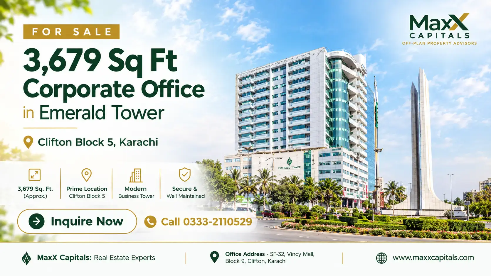 3,679 Sq Ft Corporate Office for Sale in Emerald Tower, Clifton Block 5, Karachi Modern glass and steel facade of Emerald Tower high-rise in Clifton Block 5, Karachi, with curved architectural lines and mul