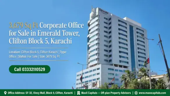 Exterior View Of Corporate Office For Sale In Emerald Tower Clifton Next To The Iconic Do Talwar Monument In Karachi.