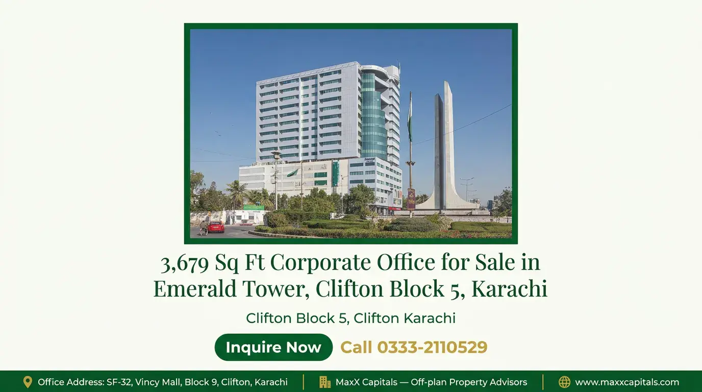 3,679 Sq Ft Corporate Office for Sale in Emerald Tower, Clifton Block 5, Karachi — Gallery 1 Corporate office for sale in Emerald Tower Clifton exterior showcasing contemporary high-rise commercial architecture.