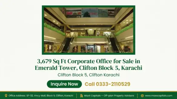 Grand commercial podium and escalators inside an office for sale in Emerald Tower Clifton.
