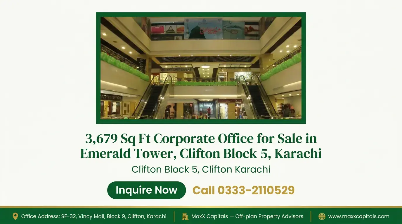 3,679 Sq Ft Corporate Office for Sale in Emerald Tower, Clifton Block 5, Karachi — Gallery 2 Grand commercial podium and escalators inside an office for sale in Emerald Tower Clifton.