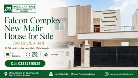 Modern Two-Storey House In Falcon Complex New Malir Featuring Beige Brick And White Facade, Upper Balcony With Railing, And S