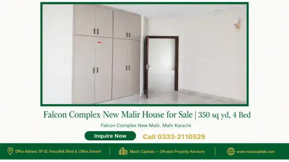 Built-in beige wardrobes and open doorway in modern bedroom of Falcon Complex New Malir house for sale
