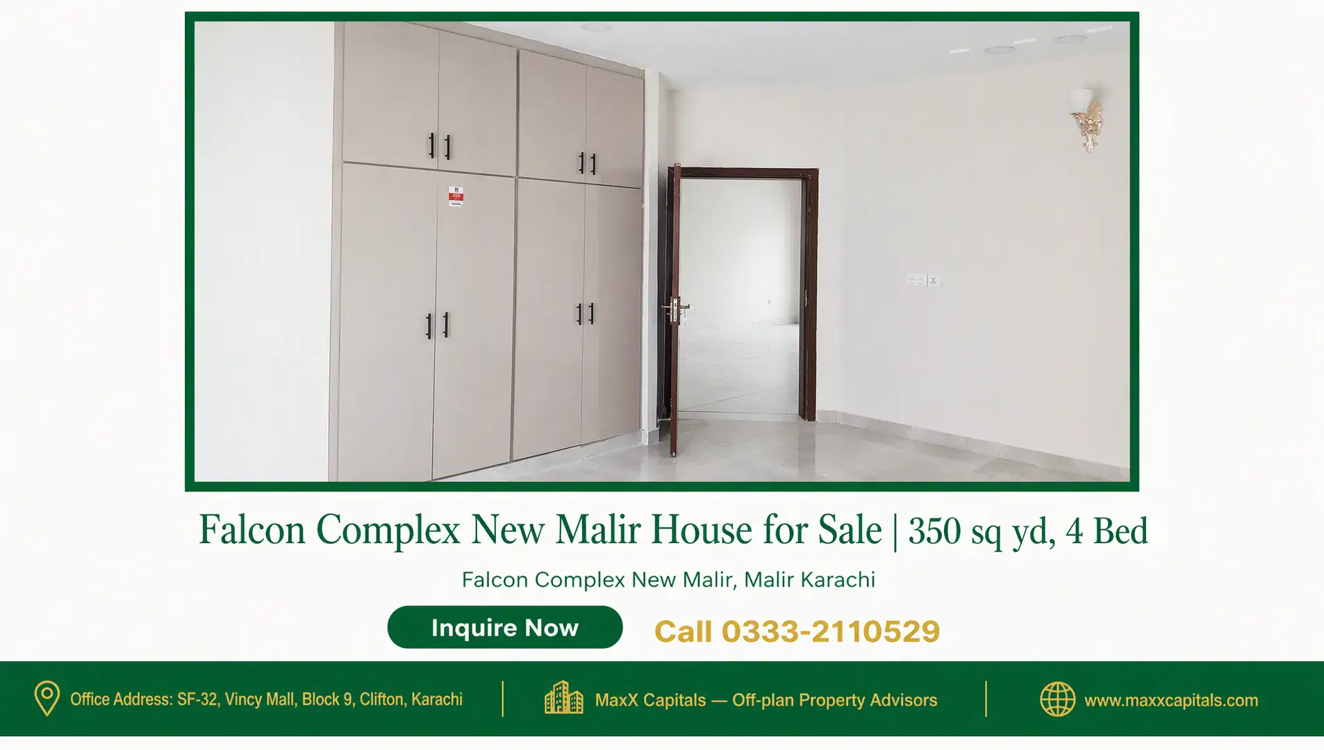 Falcon Complex New Malir House for Sale | 350 sq yd, 4 Bed — Gallery 0 Built-in beige wardrobes and open doorway in modern bedroom of Falcon Complex New Malir house for sale