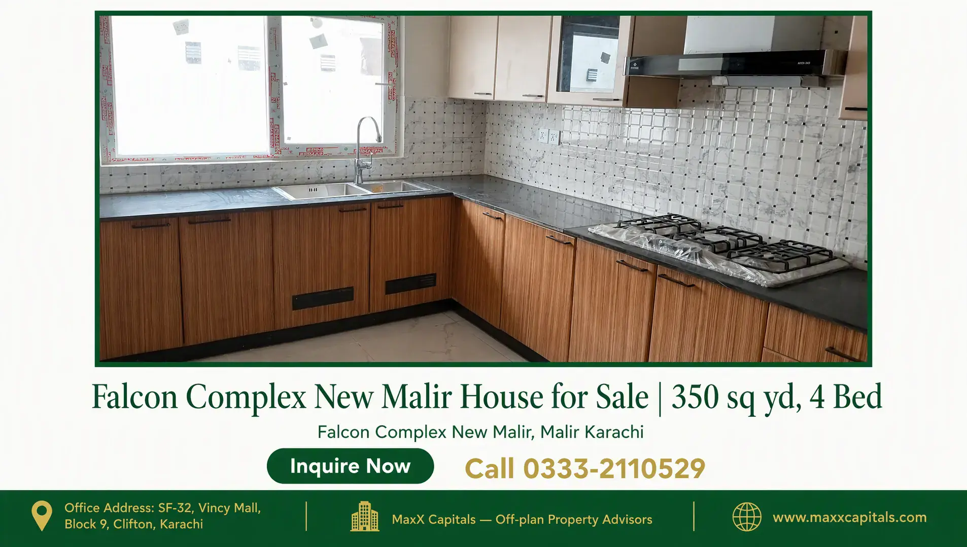 Falcon Complex New Malir House for Sale | 350 sq yd, 4 Bed — Gallery 1 Modern kitchen with wooden cabinetry, marble backsplash, stainless sink and gas hob in falcon complex new malir house for sal