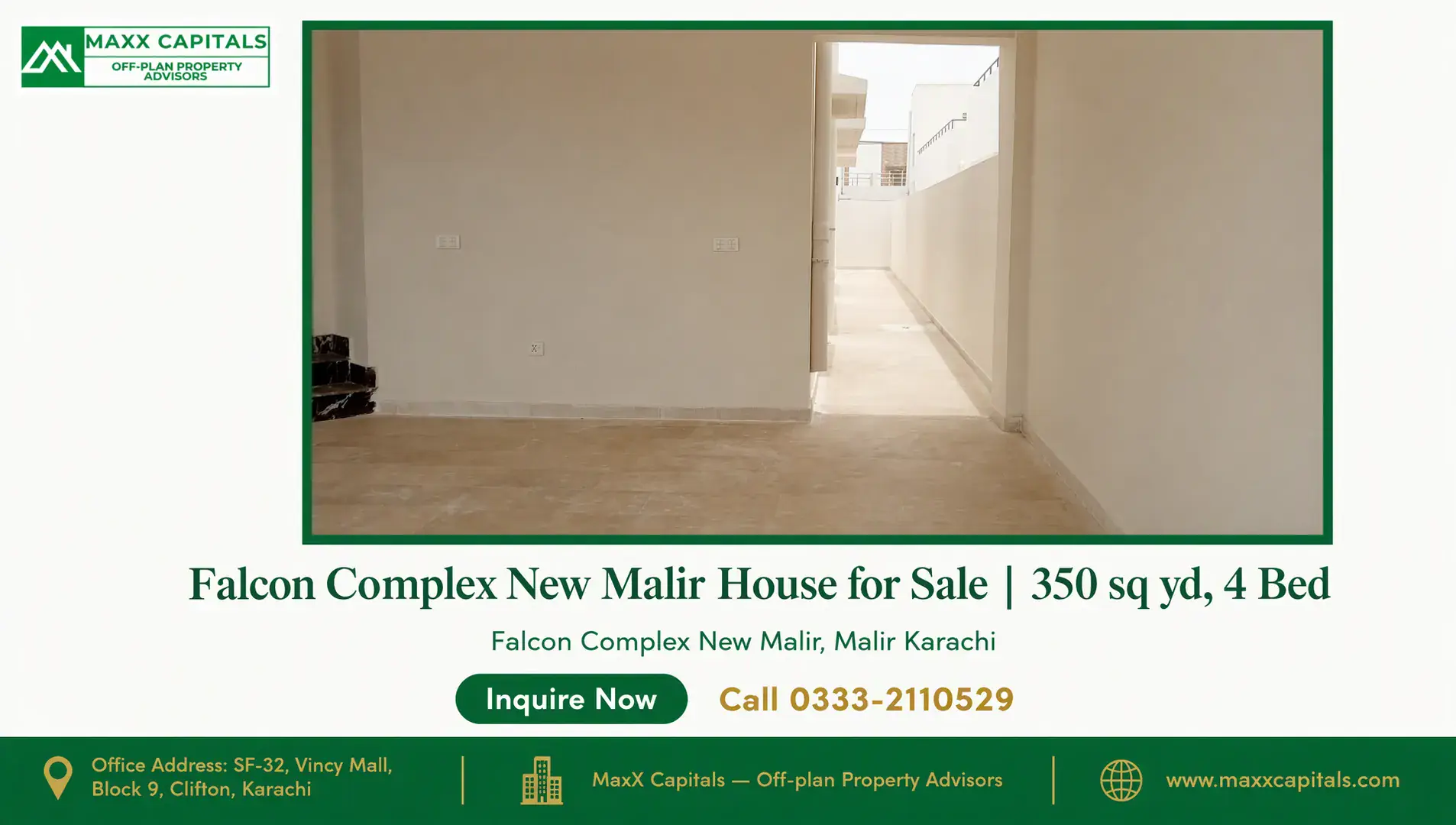 Falcon Complex New Malir House for Sale | 350 sq yd, 4 Bed — Gallery 2 Empty interior with tiled flooring and open doorway to corridor in falcon complex new malir house for sale
