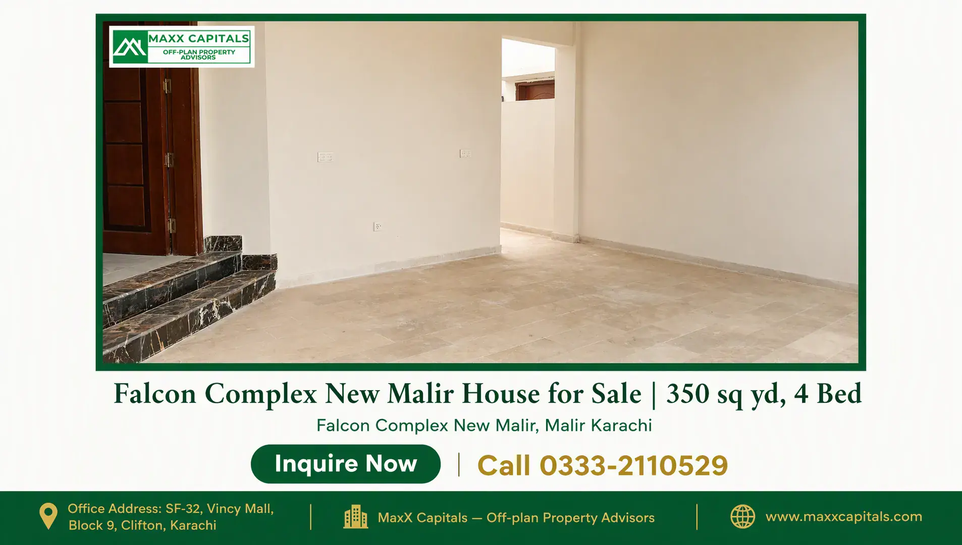 Falcon Complex New Malir House for Sale | 350 sq yd, 4 Bed — Gallery 3 Empty interior with beige tiled floors, white walls, wooden door and marble steps in falcon complex new malir house for sale