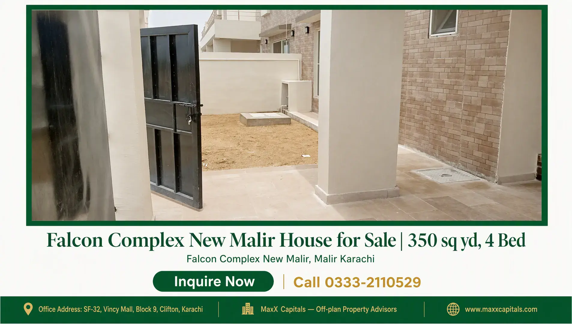 Falcon Complex New Malir House for Sale | 350 sq yd, 4 Bed — Gallery 4 Open black metal door revealing tiled patio and sandy courtyard with beige brick walls in falcon complex new malir house for