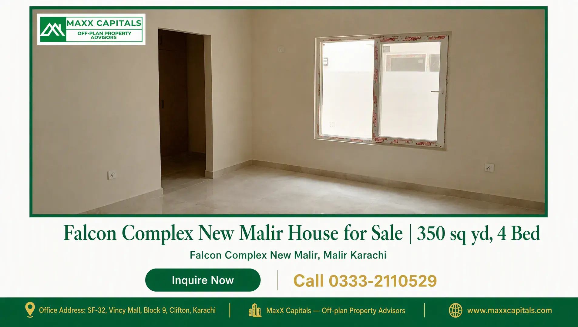 Falcon Complex New Malir House for Sale | 350 sq yd, 4 Bed — Gallery 5 Empty interior room with polished tile flooring, open doorway and large window with protective film in falcon complex new mal