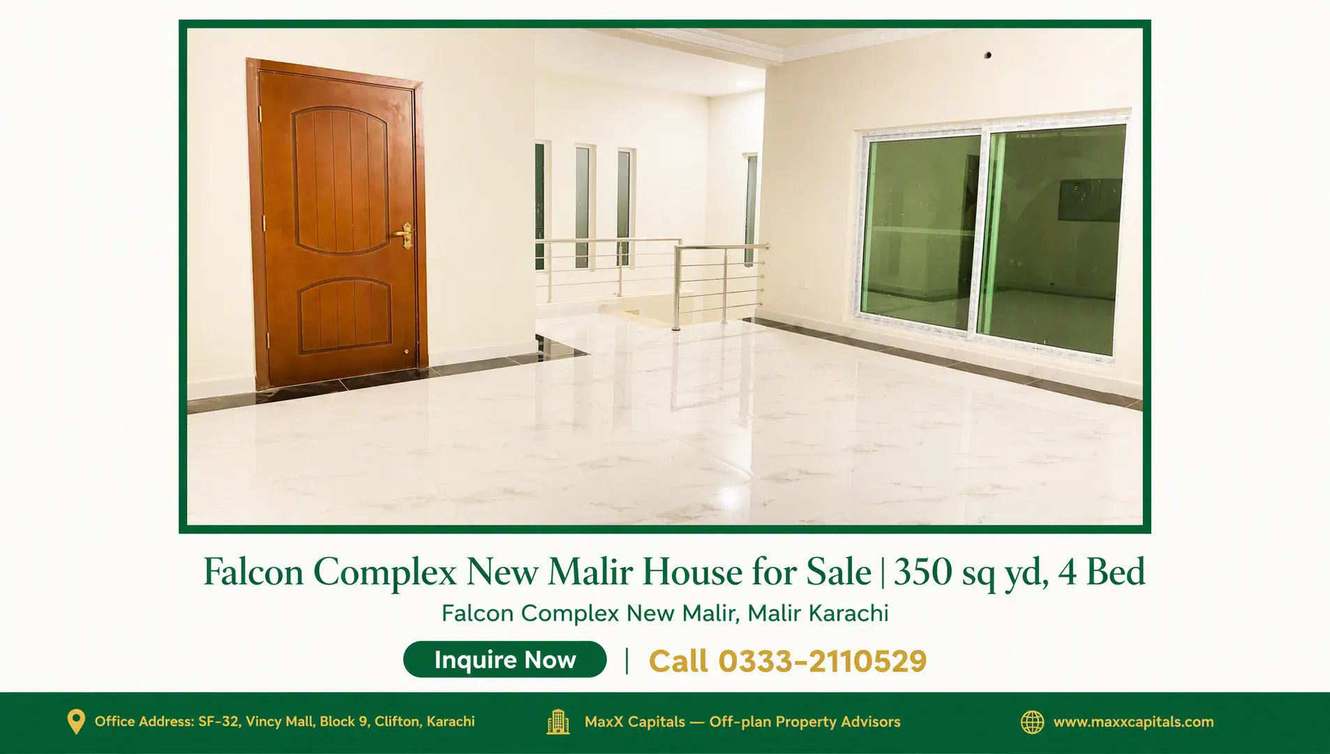 Falcon Complex New Malir House for Sale | 350 sq yd, 4 Bed — Gallery 6 Spacious interior of falcon complex new malir house for sale with polished white marble floors, wooden door and large glass w
