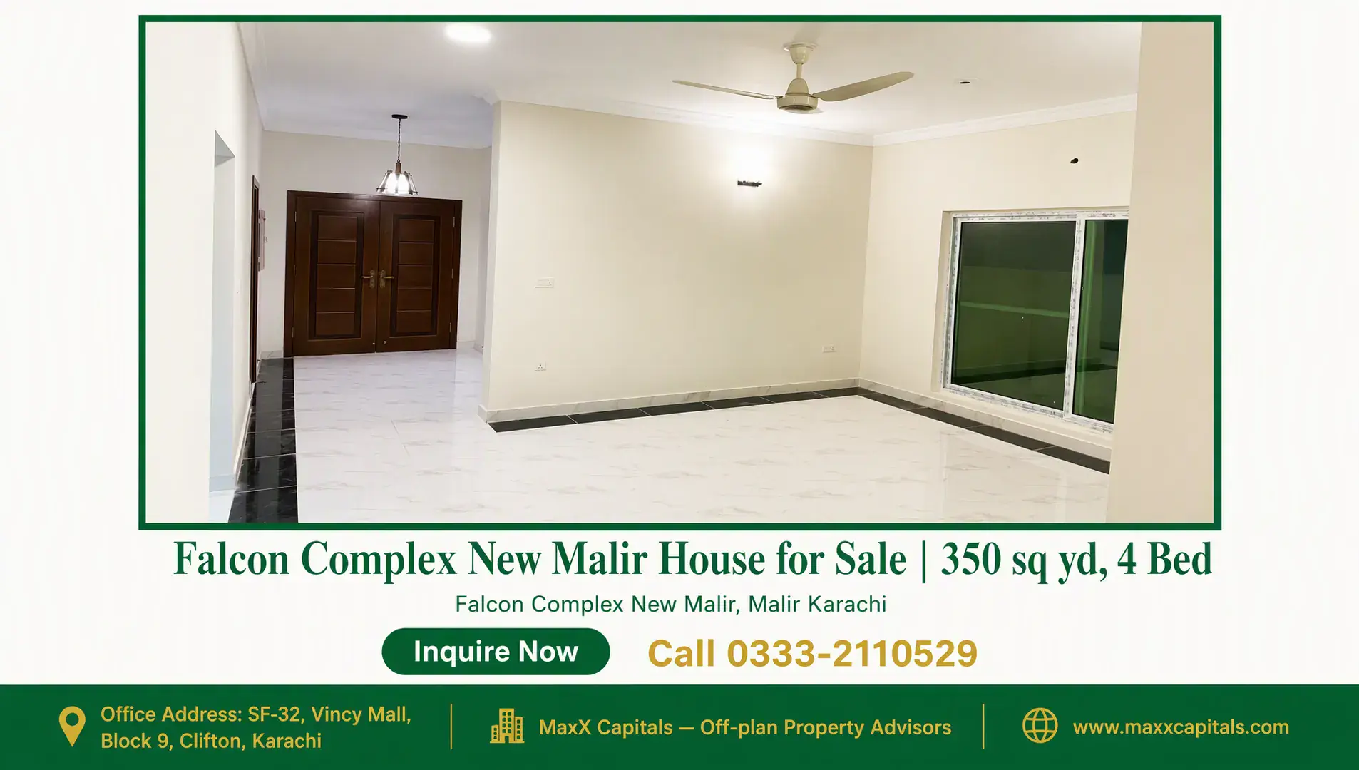 Falcon Complex New Malir House for Sale | 350 sq yd, 4 Bed — Gallery 7 Spacious interior of Falcon Complex New Malir house for sale featuring marble floors, wooden double doors and large window