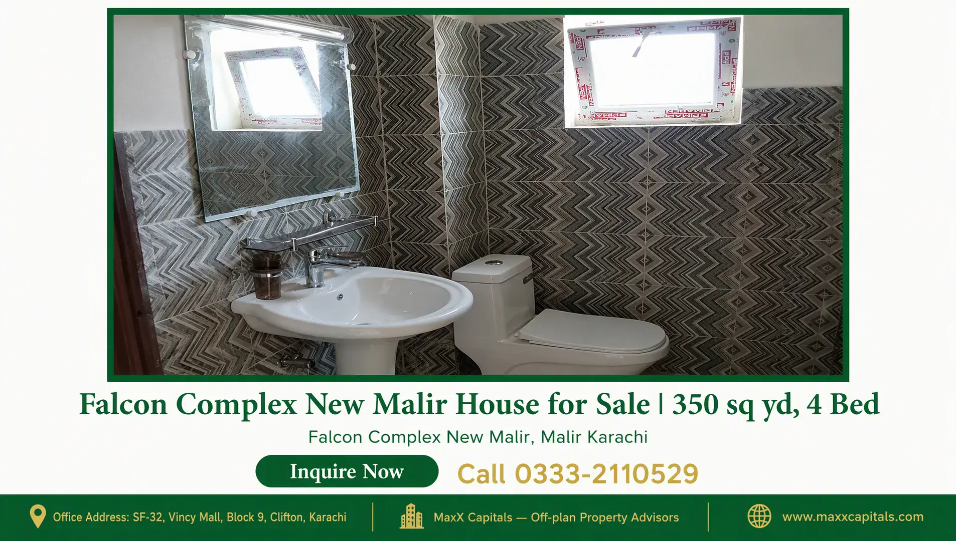Falcon Complex New Malir House for Sale | 350 sq yd, 4 Bed — Gallery 8 Contemporary bathroom with geometric patterned tiles, white ceramic sink and toilet in falcon complex new malir house for sal