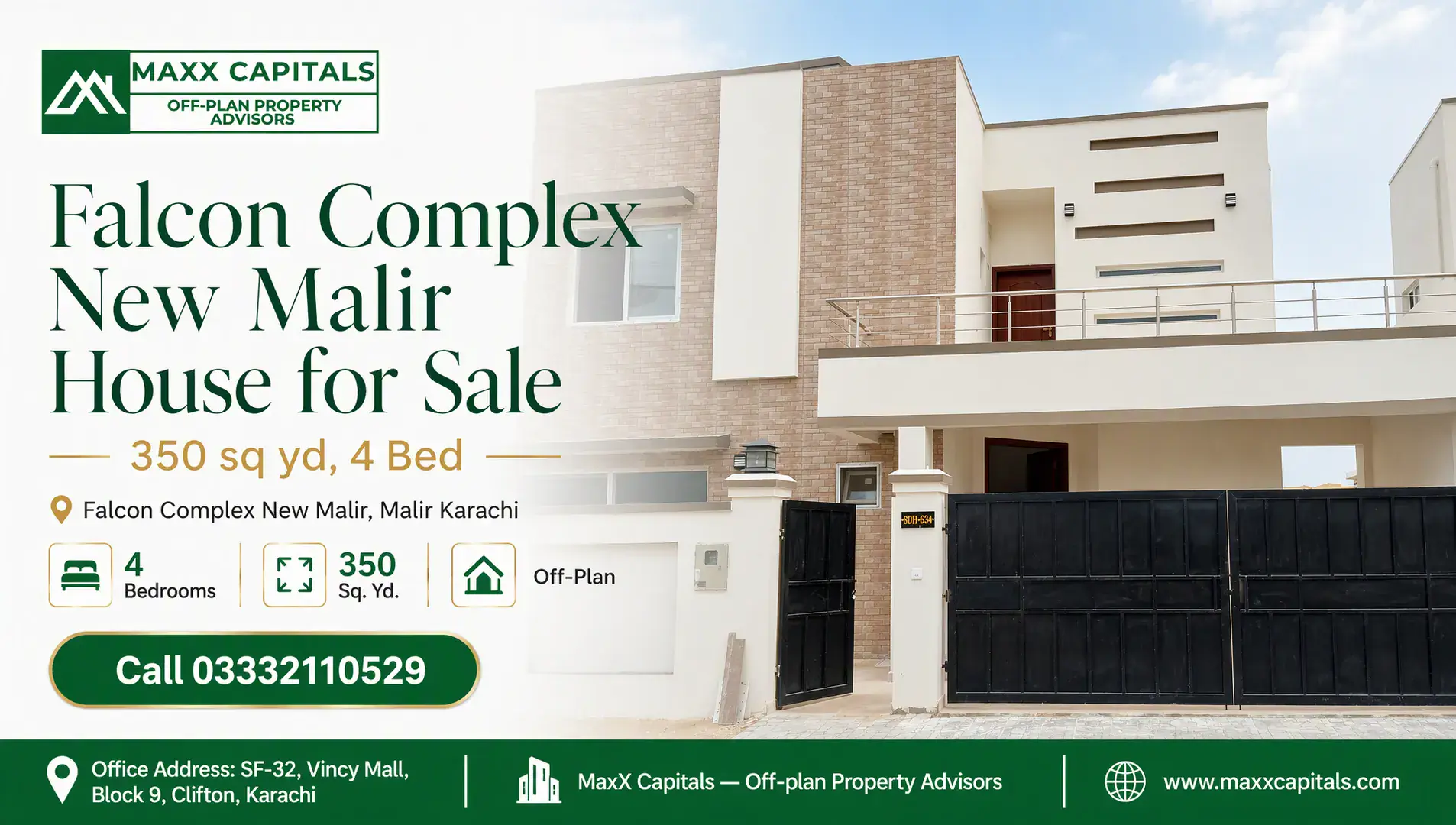 Falcon Complex New Malir House for Sale | 350 sq yd, 4 Bed — Feature Modern two-storey house in Falcon Complex New Malir featuring beige brick and white facade, upper balcony with railing, and s