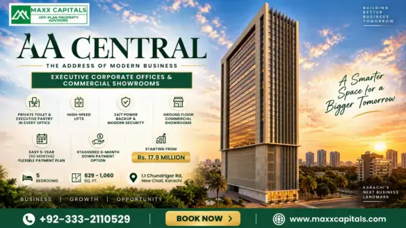 Modern Glass-And-Concrete High-Rise Tower Of Aa Central Compact Offices For Sale In Karachi With Vertical Architectural Lines