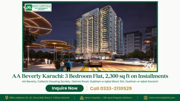 Modern high-rise towers of AA Beverly 3 bedroom flat with illuminated balconies and sleek contemporary architecture at night