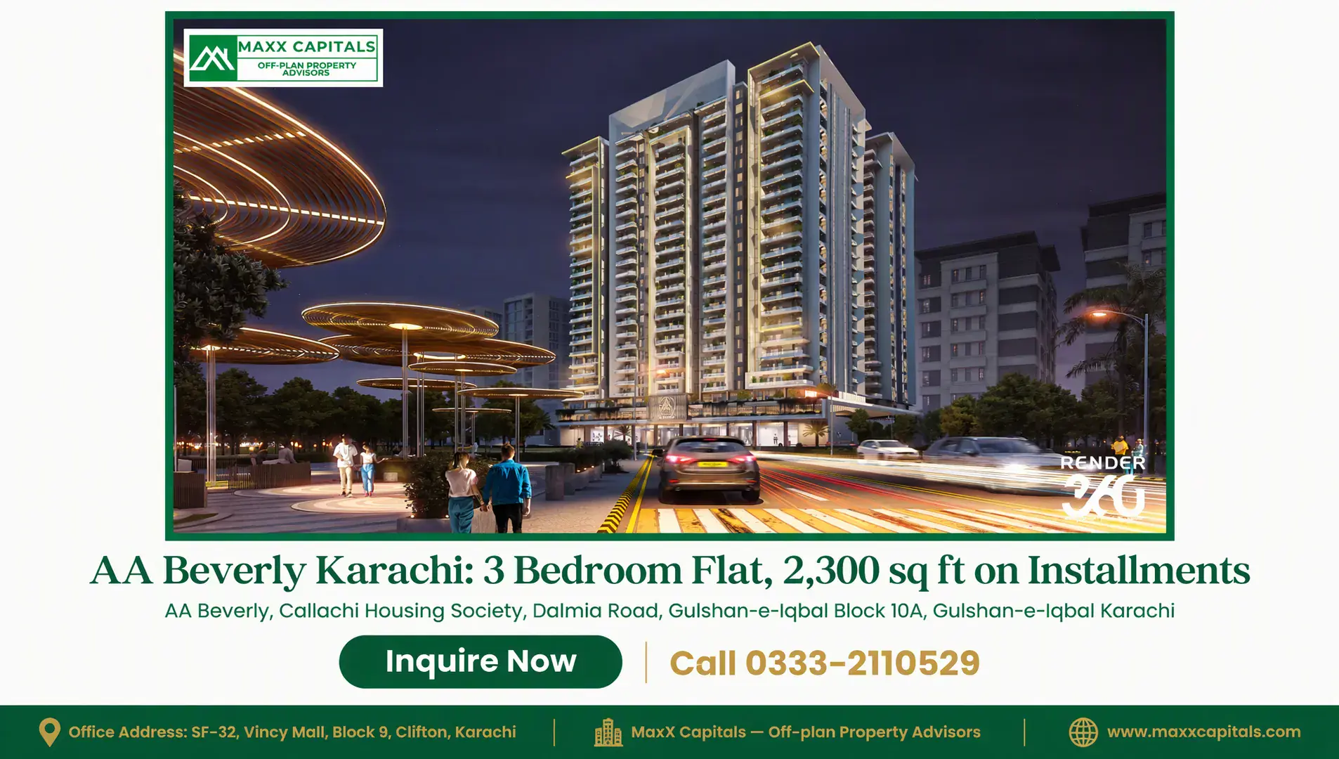 AA Beverly Karachi: 3 Bedroom Flat, 2,300 sq ft on Installments — Gallery 1 Modern high-rise towers of AA Beverly 3 bedroom flat with illuminated balconies and sleek contemporary architecture at night