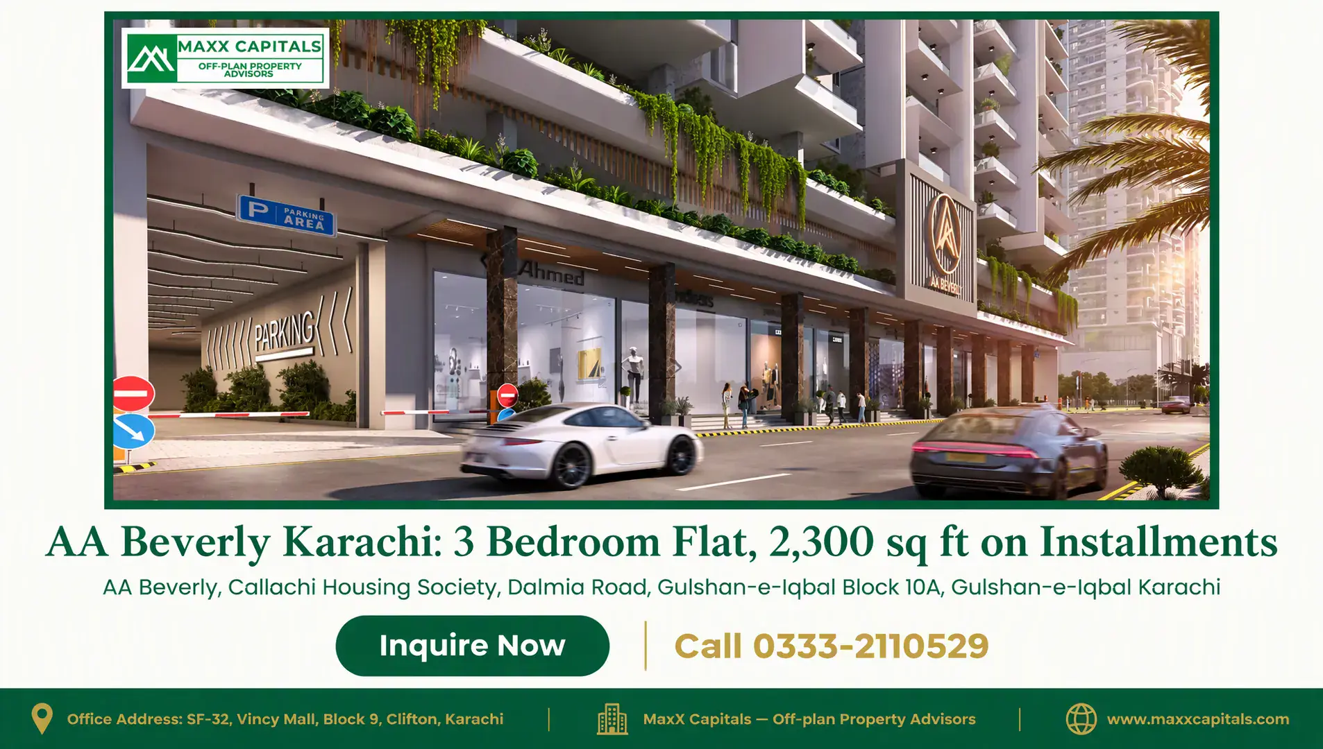 AA Beverly Karachi: 3 Bedroom Flat, 2,300 sq ft on Installments — Gallery 2 Contemporary exterior of AA Beverly Karachi showcasing sleek architectural lines, commercial outlets, and dedicated parking a