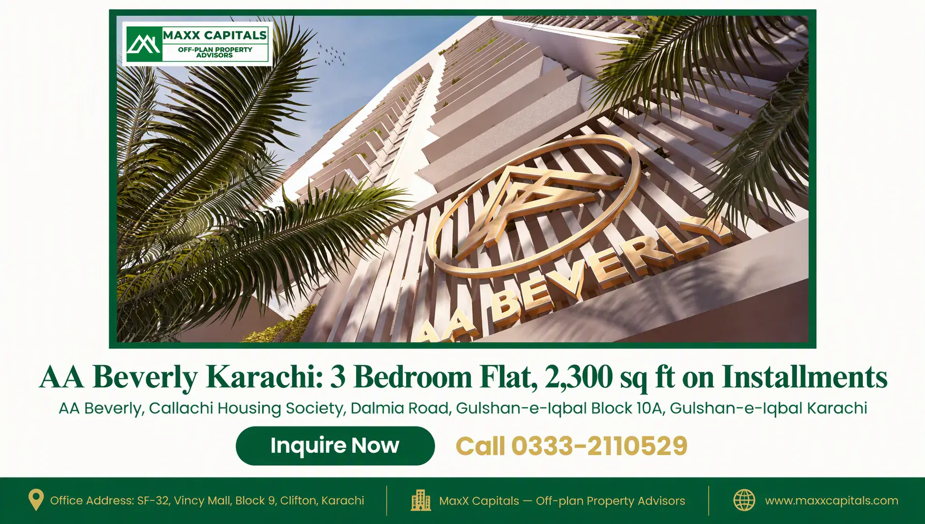 AA Beverly Karachi: 3 Bedroom Flat, 2,300 sq ft on Installments — Gallery 3 AA Beverly high-rise facade with gold signage, layered balconies and tropical palm trees in Karachi
