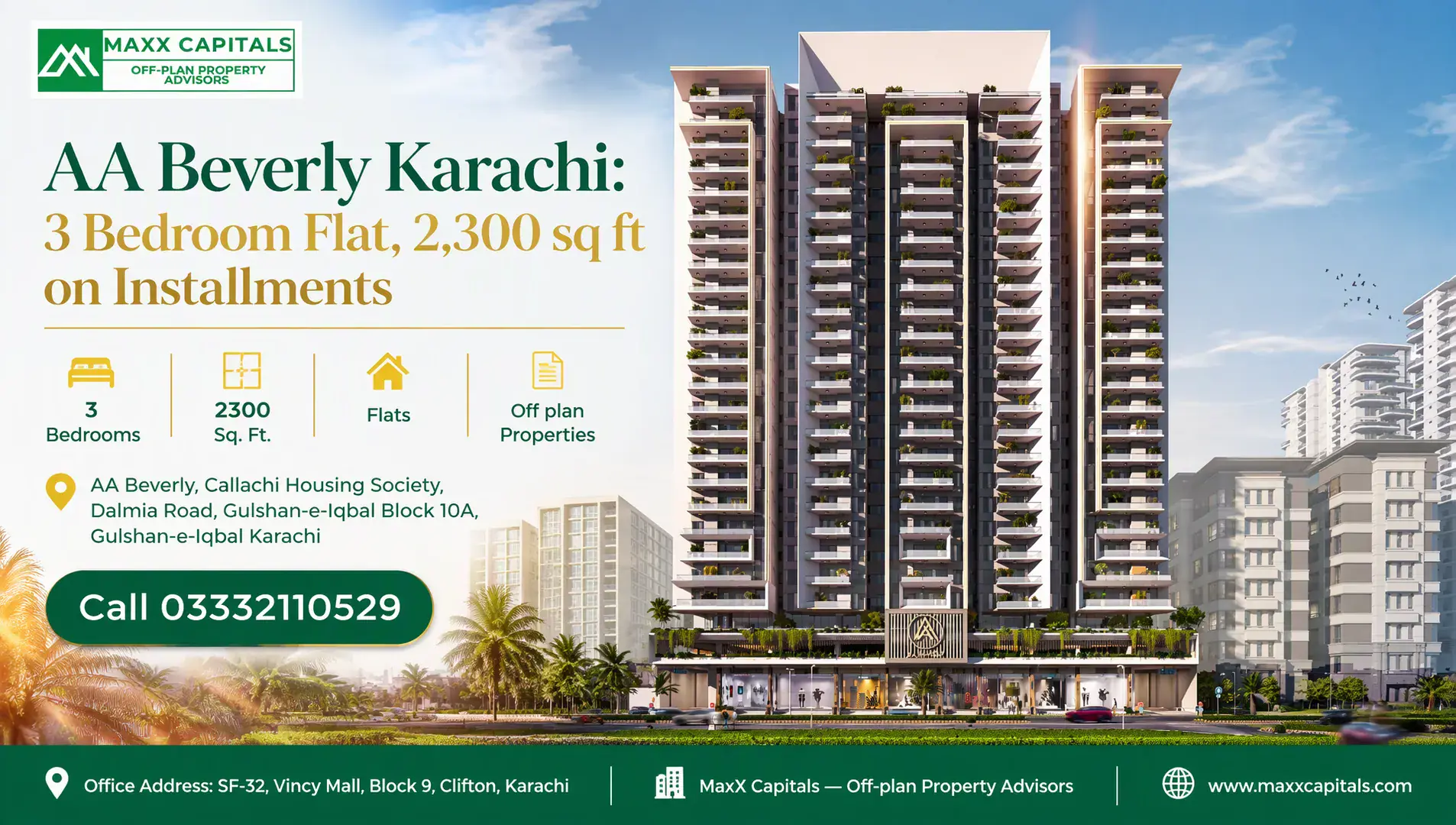 AA Beverly Karachi: 3 Bedroom Flat, 2,300 sq ft on Installments — Feature Modern high-rise towers at AA Beverly Karachi with sleek facades, multiple balconies, and integrated vertical gardens