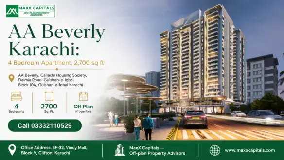 Aa Beverly Karachi 4 Bedroom Apartment Towers With Contemporary Architecture, Illuminated Balconies, And Landscaped Surroundi