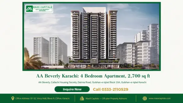 AA Beverly towers with modern tiered facades, extensive balconies and landscaped podium in Karachi