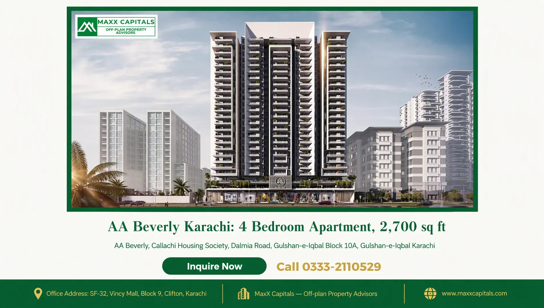 AA Beverly Karachi: 4 Bedroom Apartment, 2,700 sq ft — Gallery 1 AA Beverly towers with modern tiered facades, extensive balconies and landscaped podium in Karachi
