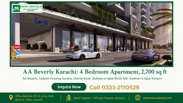Modern facade of AA Beverly 4 bedroom apartment building with retail outlets, parking entrance and luxury vehicle access in K