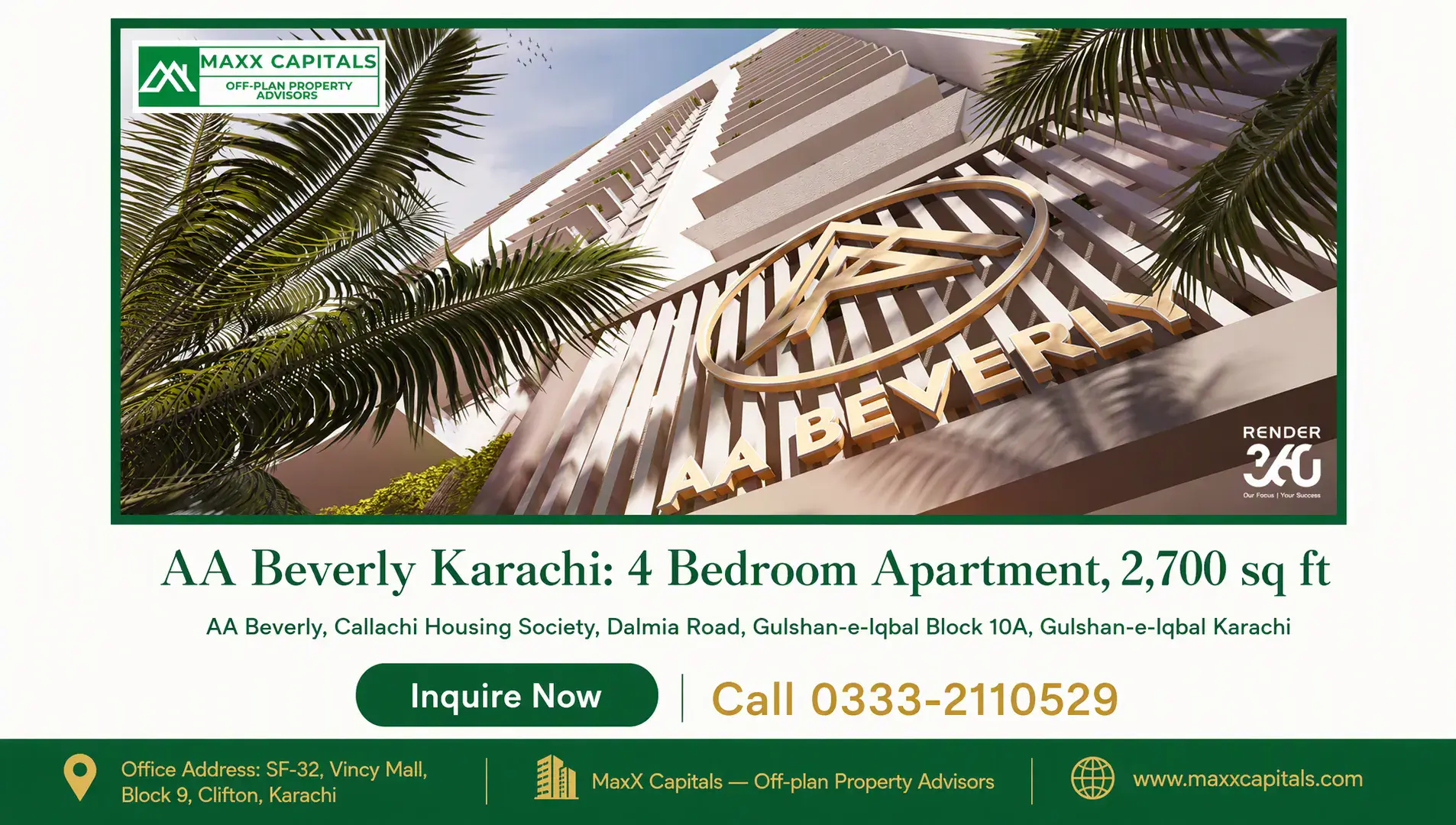 AA Beverly Karachi: 4 Bedroom Apartment, 2,700 sq ft — Gallery 3 AA Beverly 4 bedroom apartment high-rise facade with prominent gold logo, tiered balconies and palm tree landscaping