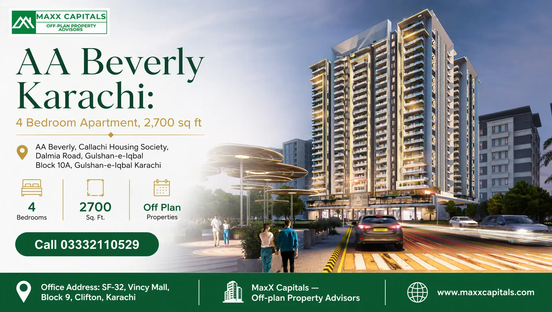 AA Beverly Karachi: 4 Bedroom Apartment, 2,700 sq ft — Feature AA Beverly Karachi 4 bedroom apartment towers with contemporary architecture, illuminated balconies, and landscaped surroundi