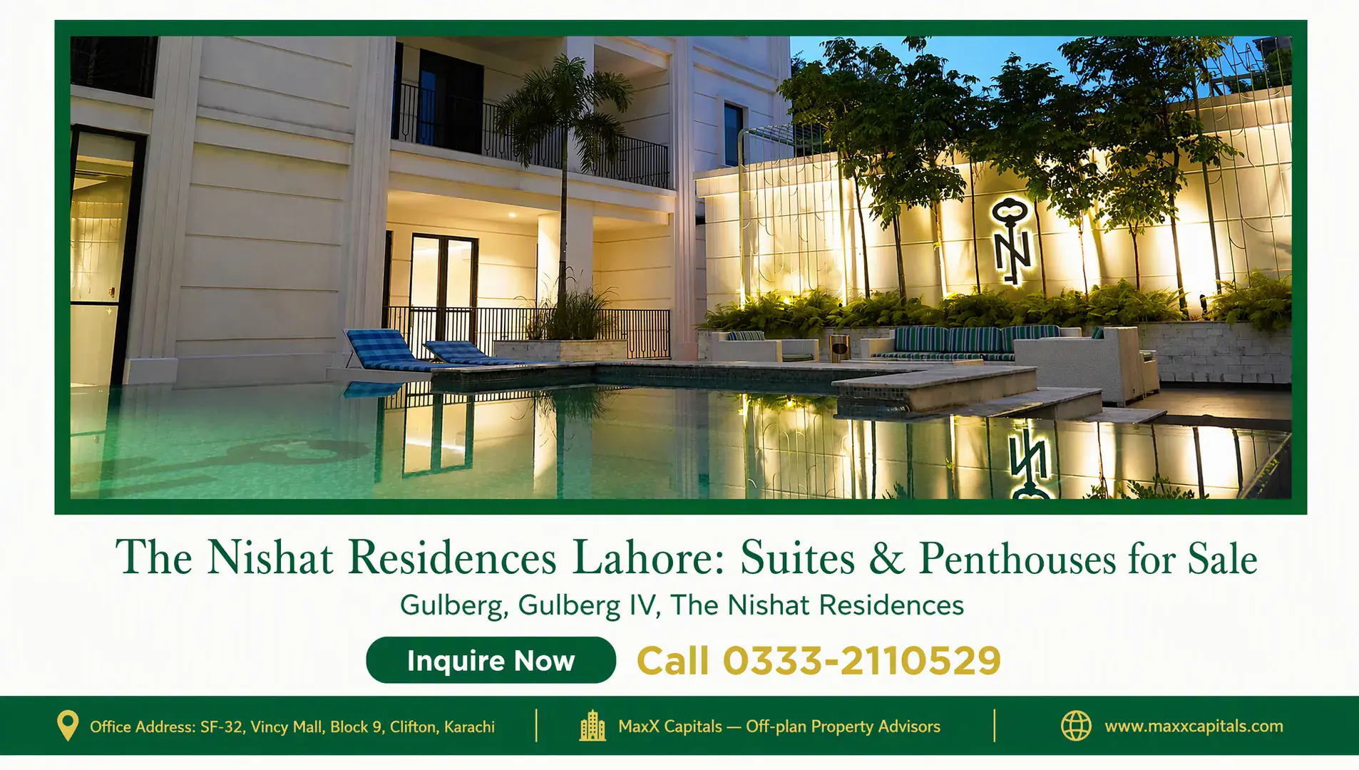 The Nishat Residences Lahore: Suites & Penthouses for Sale — Gallery 1 Modern white facade of The Nishat Residences with infinity pool, private balconies, and illuminated landscaped terrace at dus