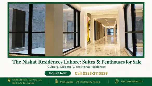 Elegant marble-floored hallway at The Nishat Residences with black-framed windows, textured panels, and recessed lighting
