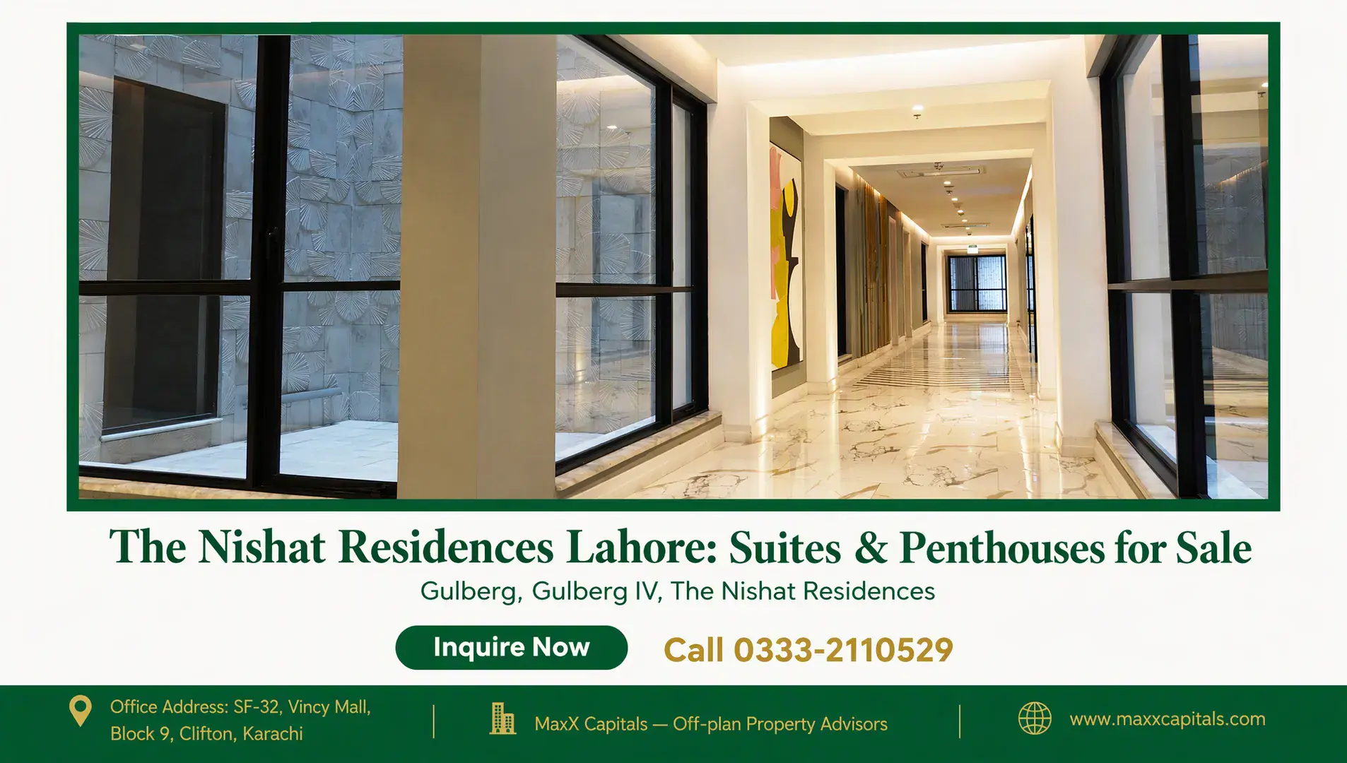 The Nishat Residences Lahore: Suites & Penthouses for Sale — Gallery 2 Elegant marble-floored hallway at The Nishat Residences with black-framed windows, textured panels, and recessed lighting