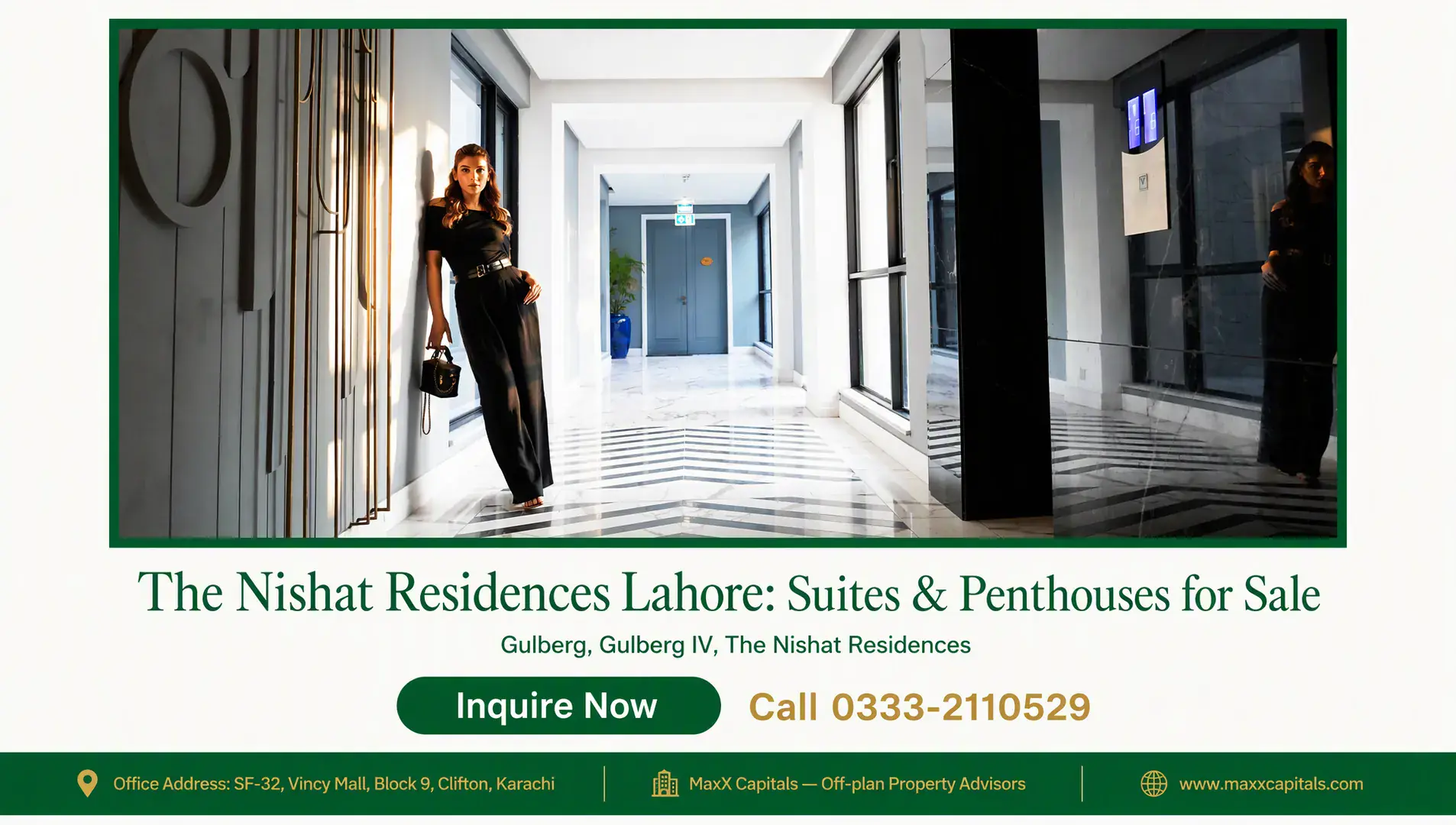 The Nishat Residences Lahore: Suites & Penthouses for Sale — Gallery 3 Spacious marble-floored corridor at The Nishat Residences featuring polished chevron patterns, gold-accented walls and expans