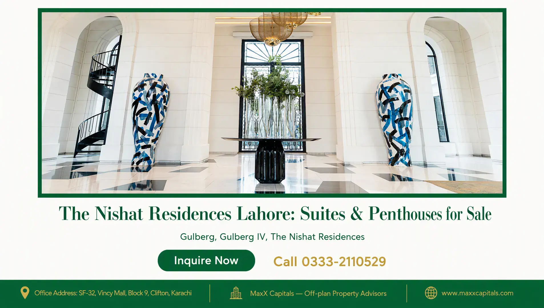 The Nishat Residences Lahore: Suites & Penthouses for Sale — Gallery 5 Grand marble lobby at The Nishat Residences with arched hallways, spiral staircase, checkered flooring and large decorative v