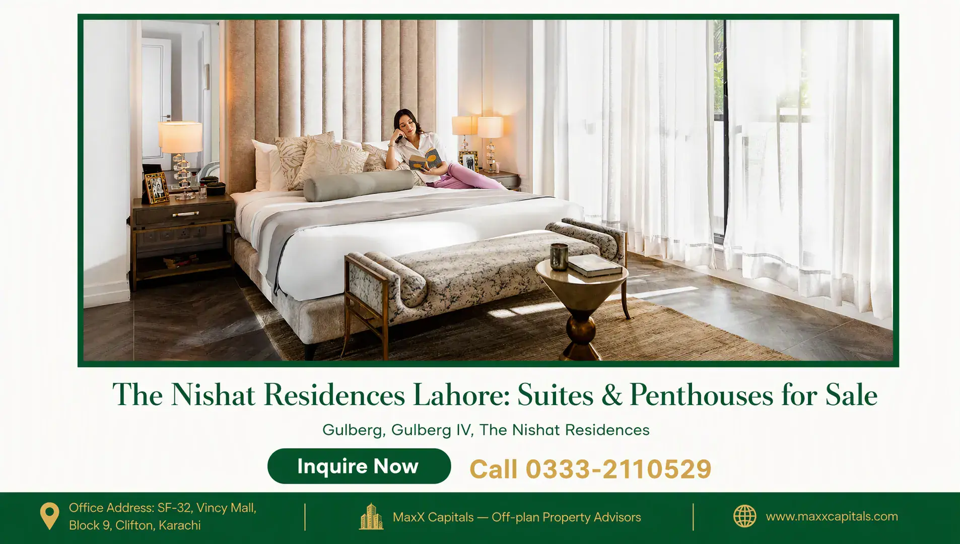 The Nishat Residences Lahore: Suites & Penthouses for Sale — Gallery 6 Luxurious bedroom at The Nishat Residences with upholstered headboard, floor-to-ceiling windows, dark herringbone flooring an