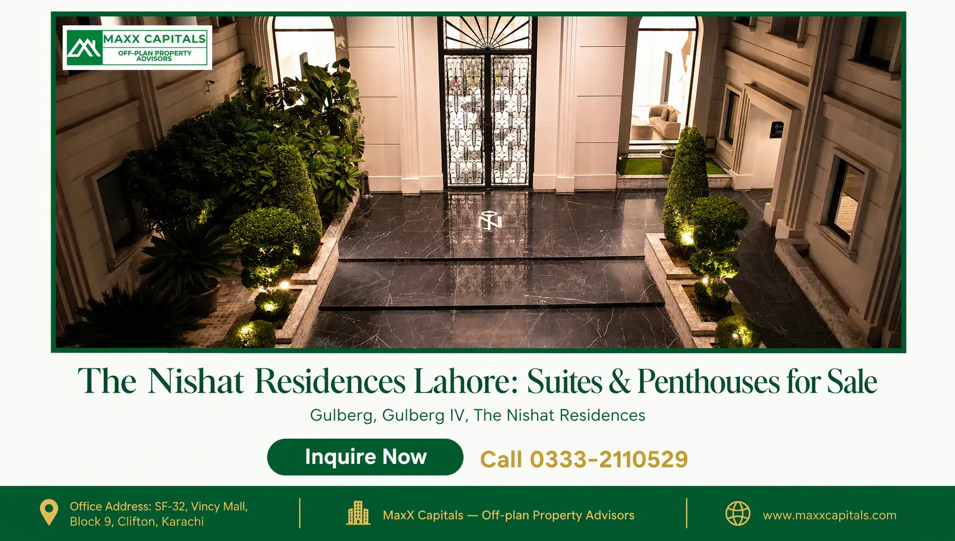 The Nishat Residences Lahore: Suites & Penthouses for Sale — Gallery 7 Grand lobby entrance at The Nishat Residences with polished black marble floors, ornate double doors, and illuminated topiari
