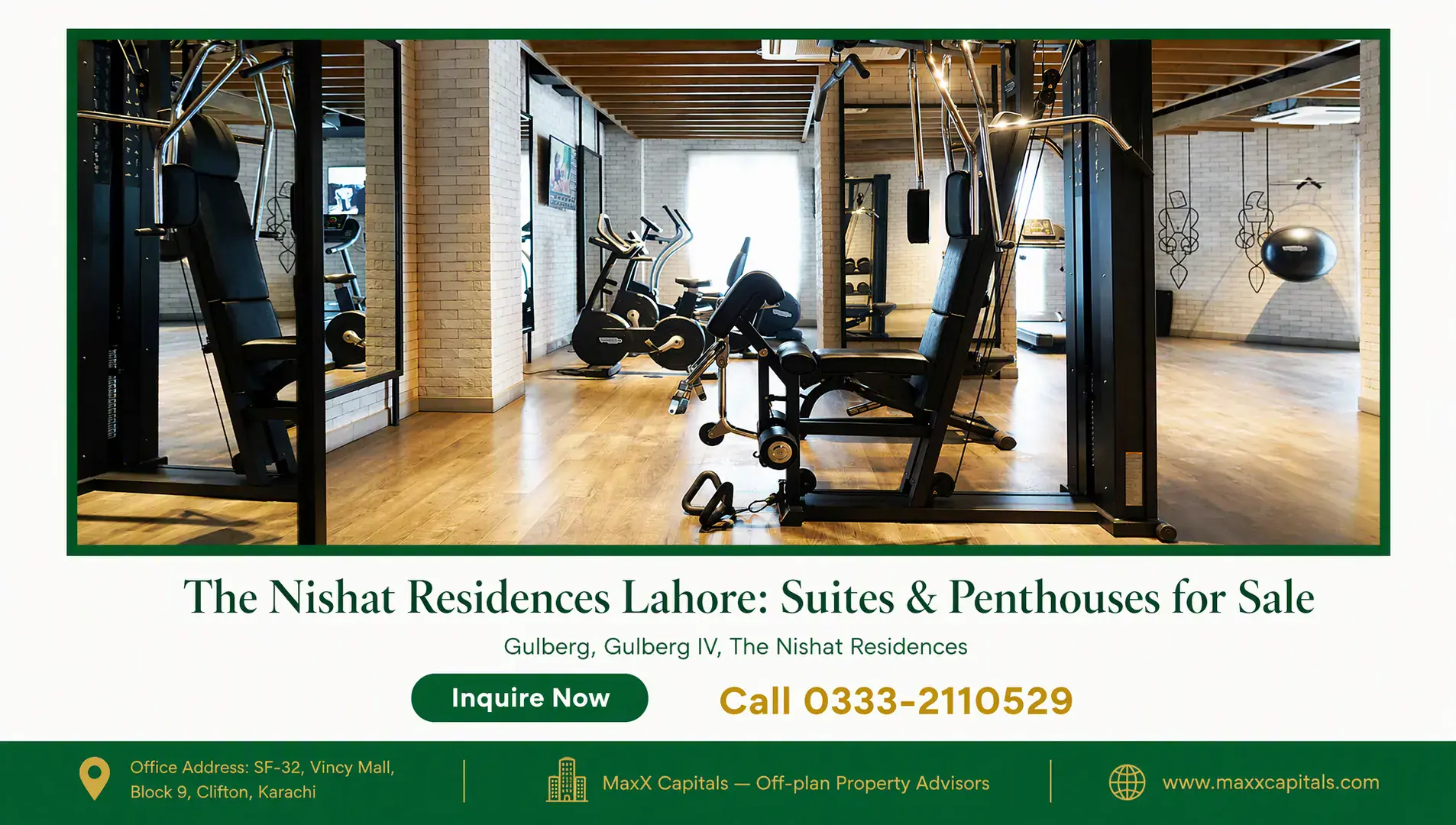 The Nishat Residences Lahore: Suites & Penthouses for Sale — Gallery 8 Fitness center with cable machines, stationary bikes, brick walls and light wood flooring at The Nishat Residences