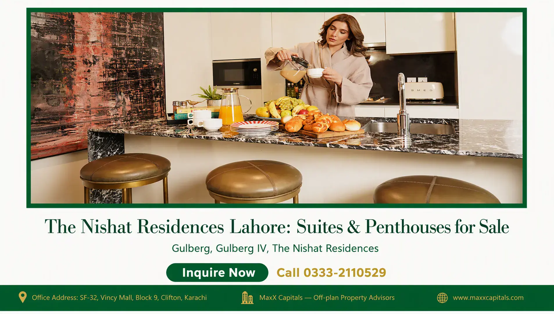 The Nishat Residences Lahore: Suites & Penthouses for Sale — Gallery 9 Modern kitchen at The Nishat Residences with marble island, upholstered bar stools and abstract wall art