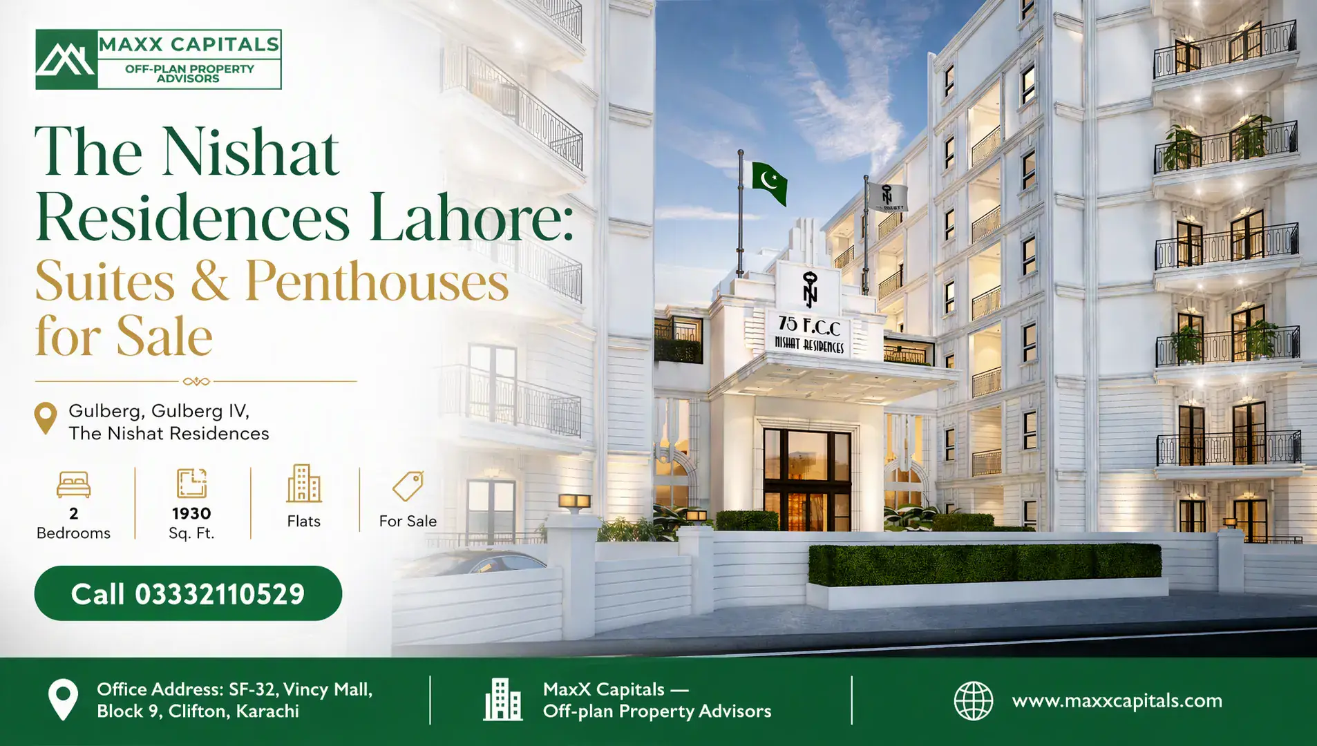 The Nishat Residences Lahore: Suites & Penthouses for Sale — Feature The Nishat Residences Lahore white facade with multi-level balconies, grand entrance, and modern architectural details