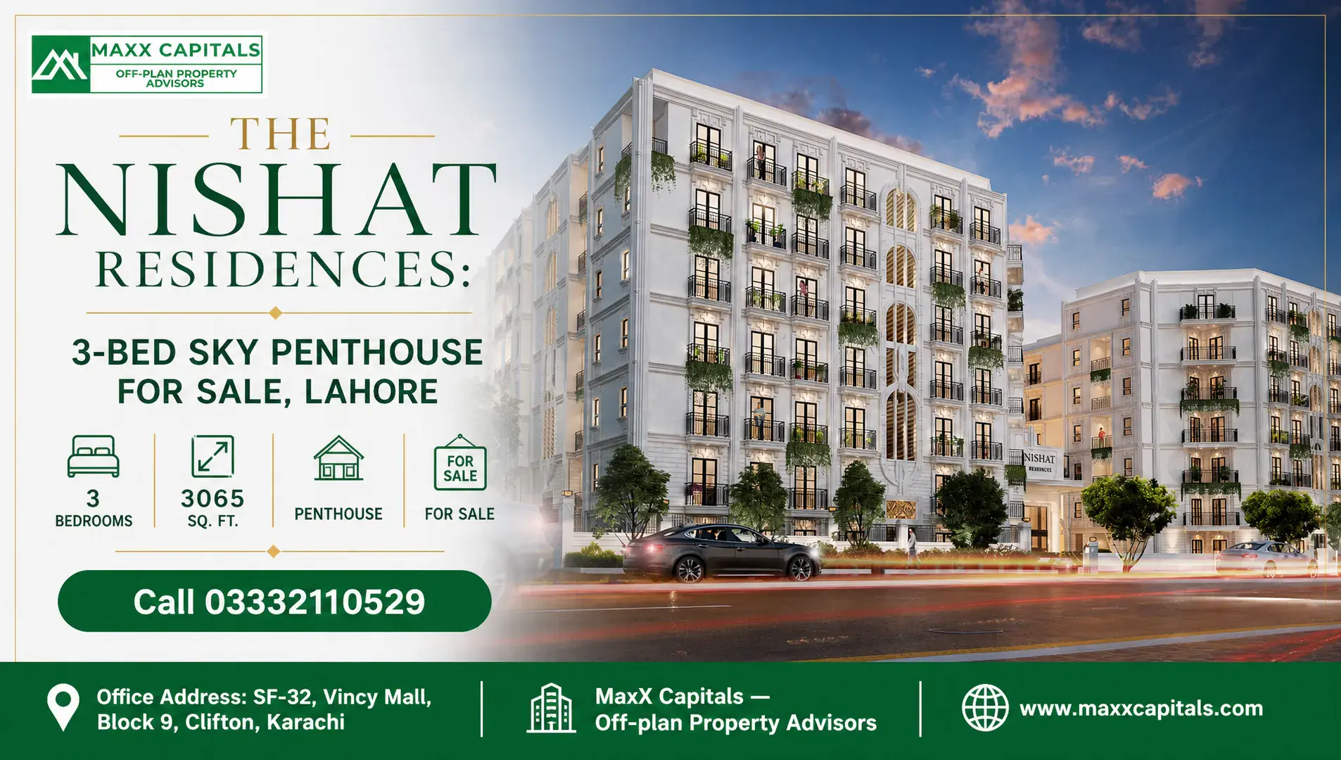 The Nishat Residences: 3-Bed Sky Penthouse for Sale, Lahore — Feature Architectural rendering of a 3 bedroom penthouse at Nishat Residences for sale in Lahore.