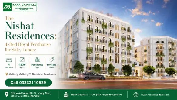 The Nishat Residences White Facade With Arched Balconies, Vertical Detailing And Evening Lighting In Gulberg Lahore