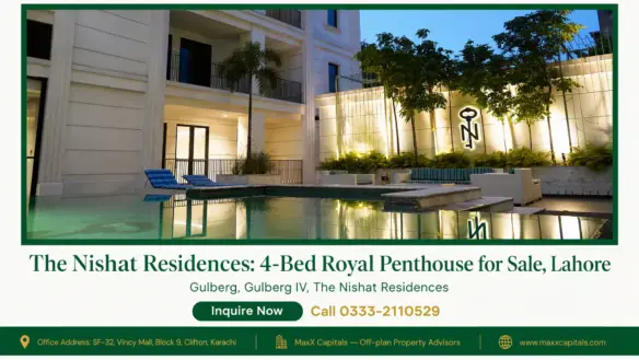 The Nishat Residences modern white facade with balconies overlooking a serene pool and landscaped terrace