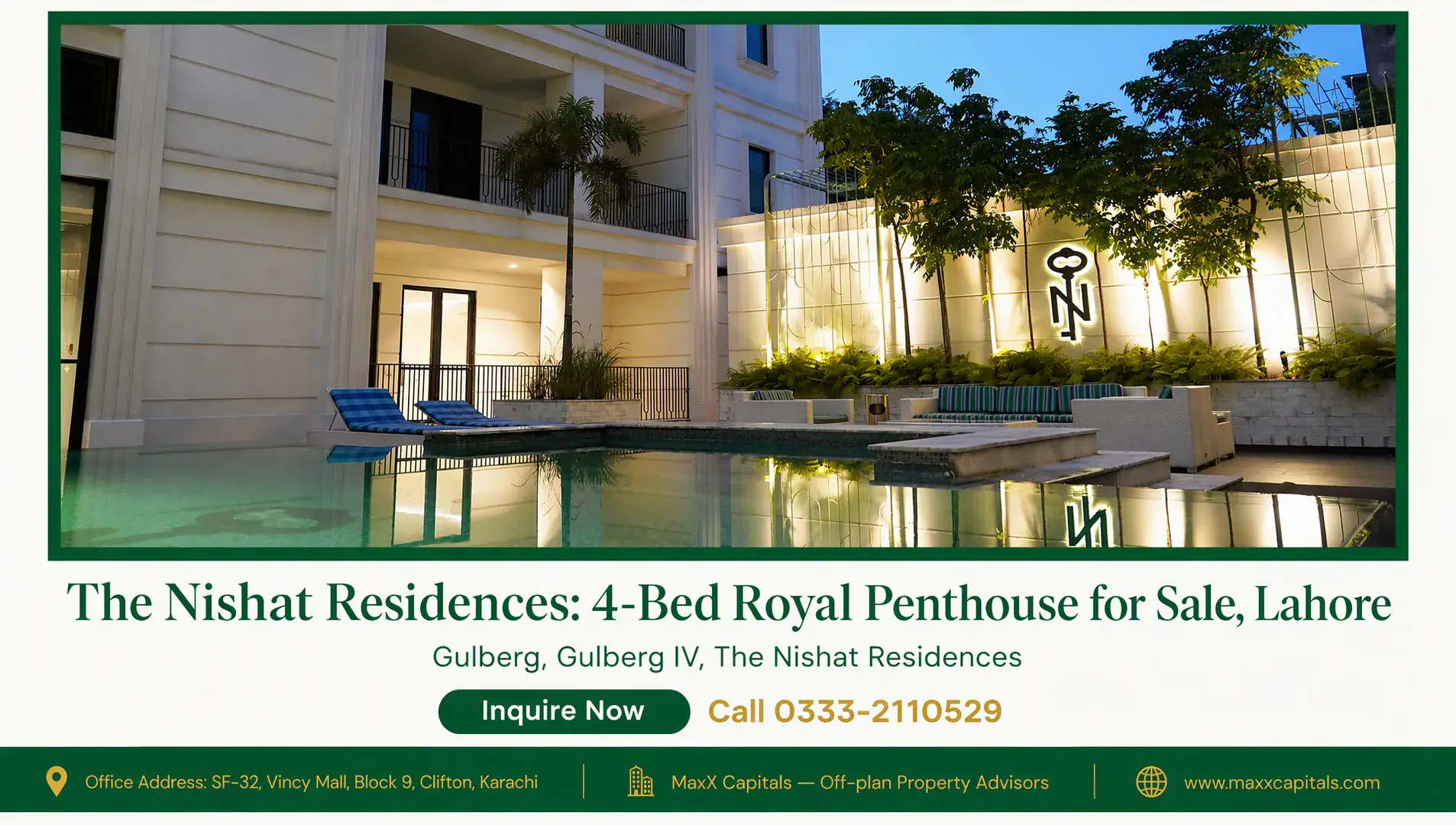 The Nishat Residences: 4-Bed Royal Penthouse for Sale, Lahore — Gallery 1 The Nishat Residences modern white facade with balconies overlooking a serene pool and landscaped terrace