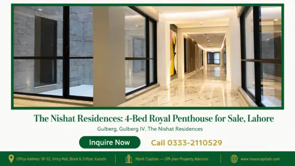 Spacious marble hallway in The Nishat Residences 4-Bed Royal Penthouse featuring textured wall panels, floor-to-ceiling windo