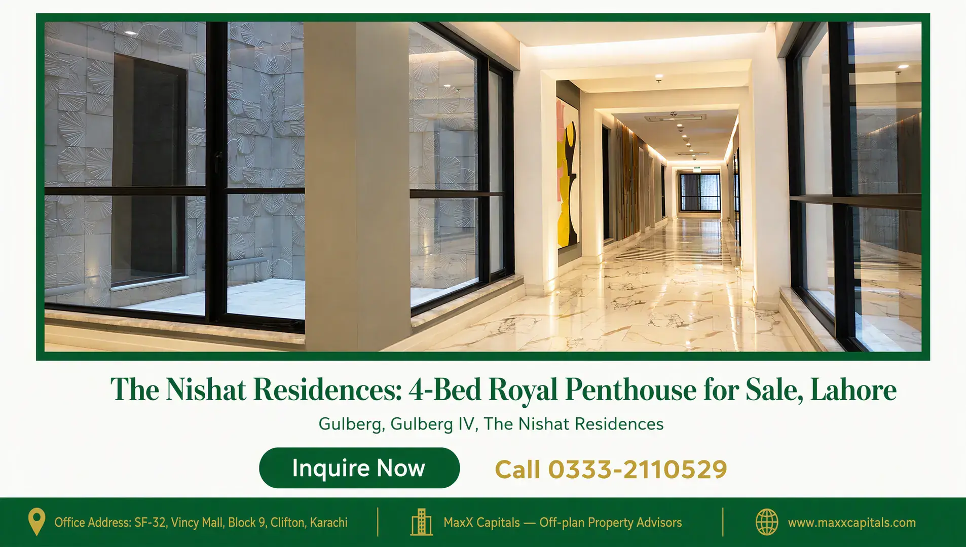 The Nishat Residences: 4-Bed Royal Penthouse for Sale, Lahore — Gallery 2 Spacious marble hallway in The Nishat Residences 4-Bed Royal Penthouse featuring textured wall panels, floor-to-ceiling windo