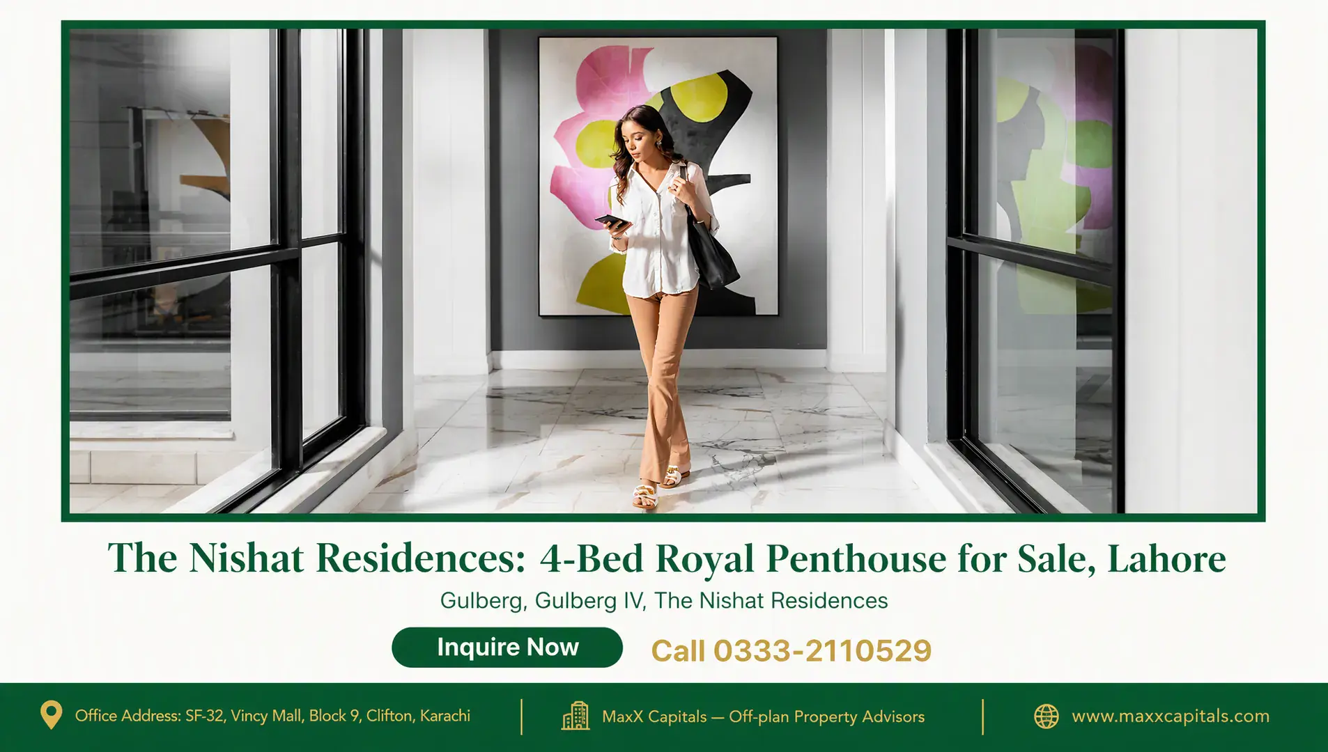 The Nishat Residences: 4-Bed Royal Penthouse for Sale, Lahore — Gallery 3 Spacious marble-floored corridor at Nishat Residences with floor-to-ceiling windows and large abstract artwork in the 4-Bed R