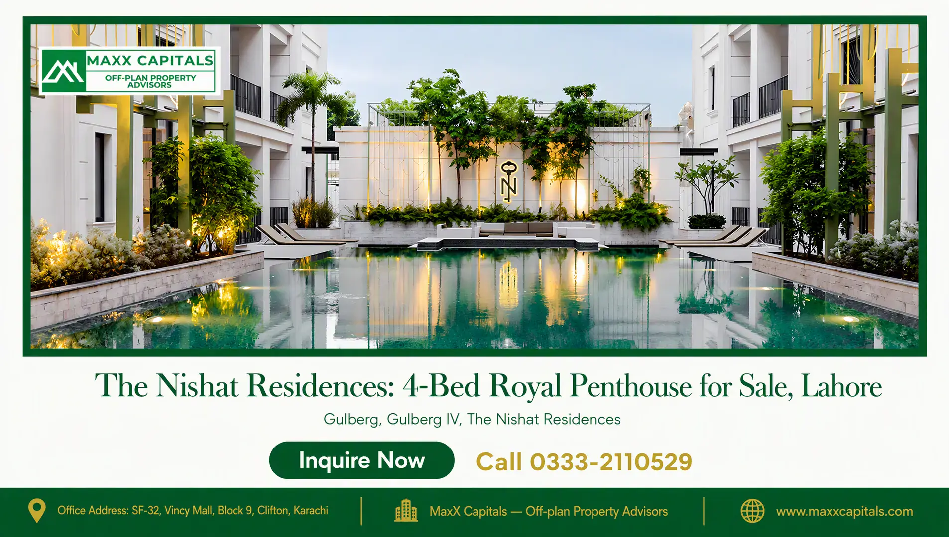 The Nishat Residences: 4-Bed Royal Penthouse for Sale, Lahore — Gallery 4 Modern luxury swimming pool courtyard with reflective water, contemporary white buildings, lounge seating and integrated land