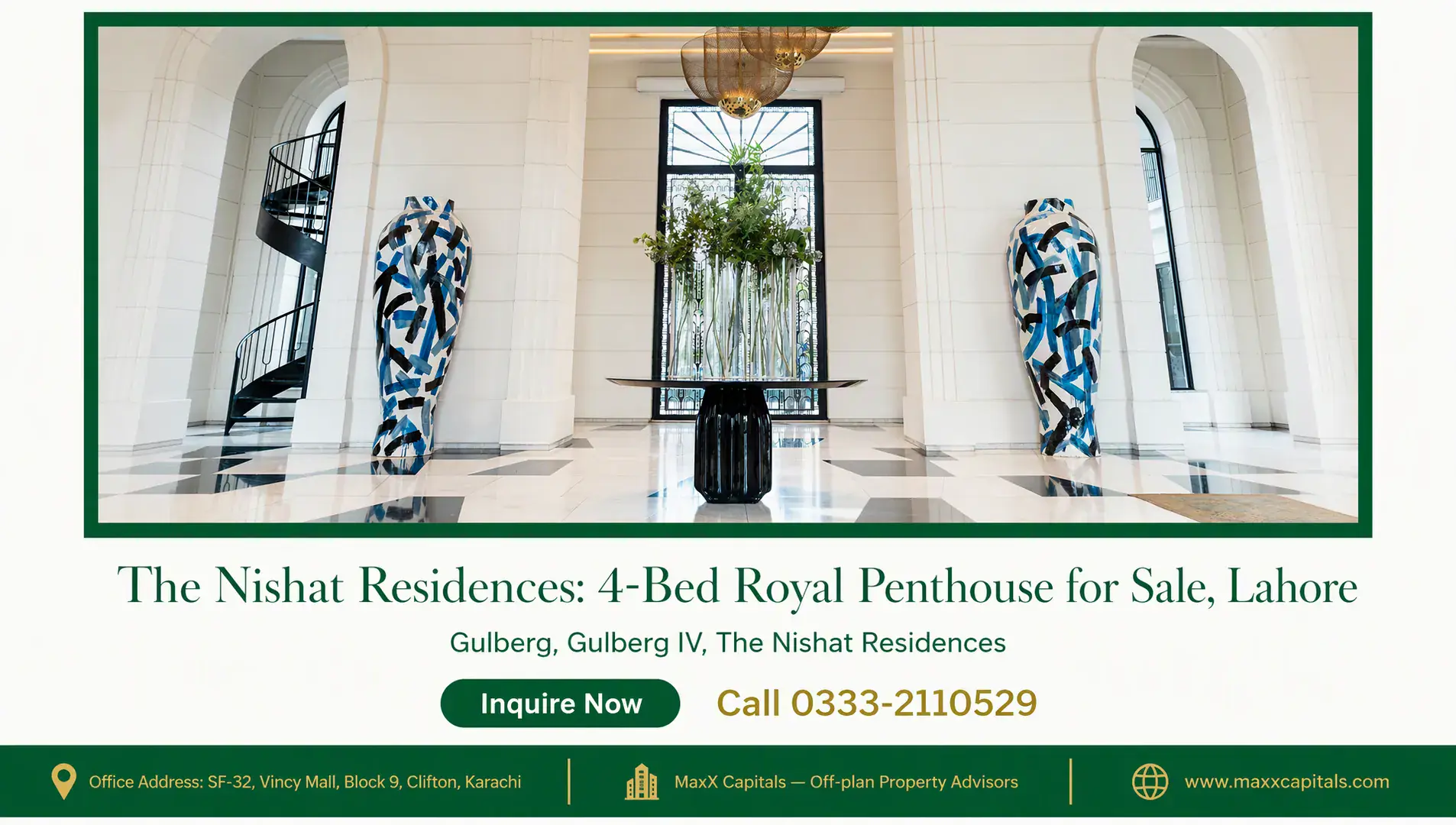 The Nishat Residences: 4-Bed Royal Penthouse for Sale, Lahore — Gallery 5 Grand lobby at The Nishat Residences with checkered marble floors, spiral staircase, tall decorative vases and arched windows