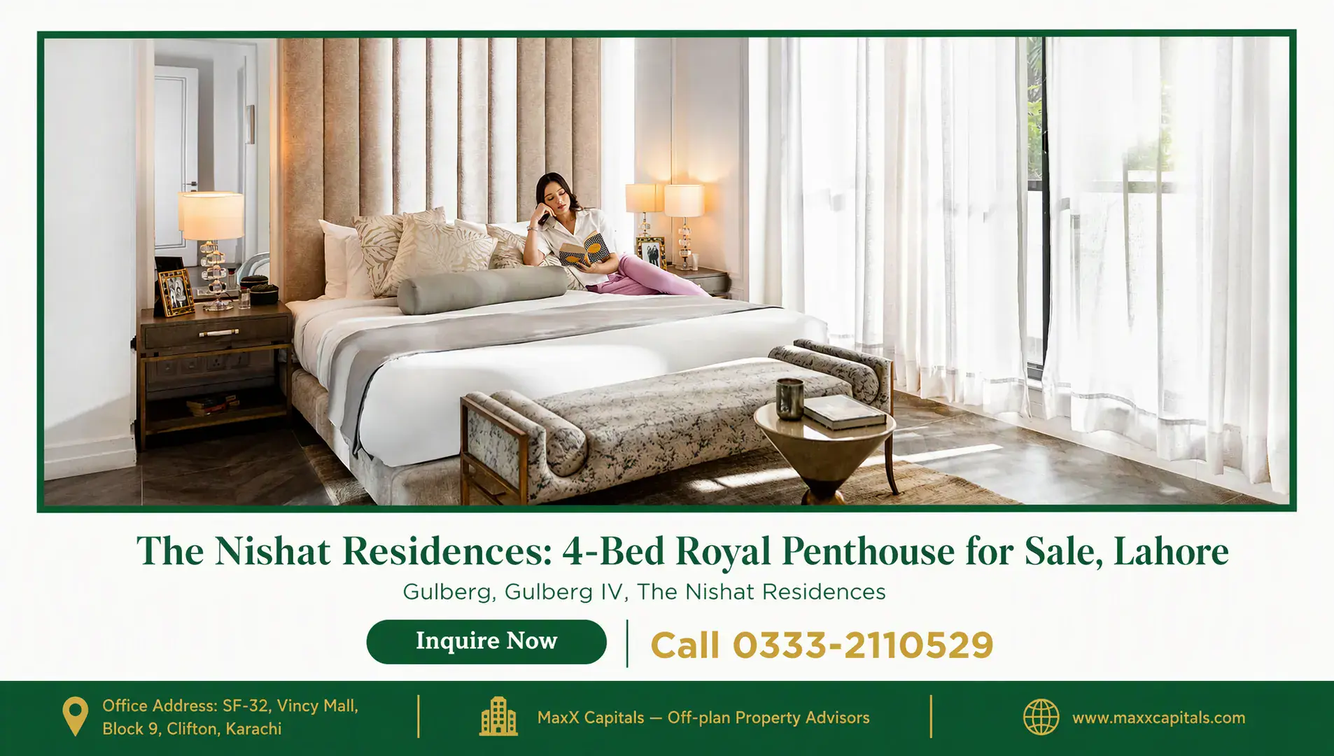 The Nishat Residences: 4-Bed Royal Penthouse for Sale, Lahore — Gallery 6 Spacious master bedroom in the Nishat Residences 4-bed royal penthouse featuring floor-to-ceiling windows, upholstered headbo
