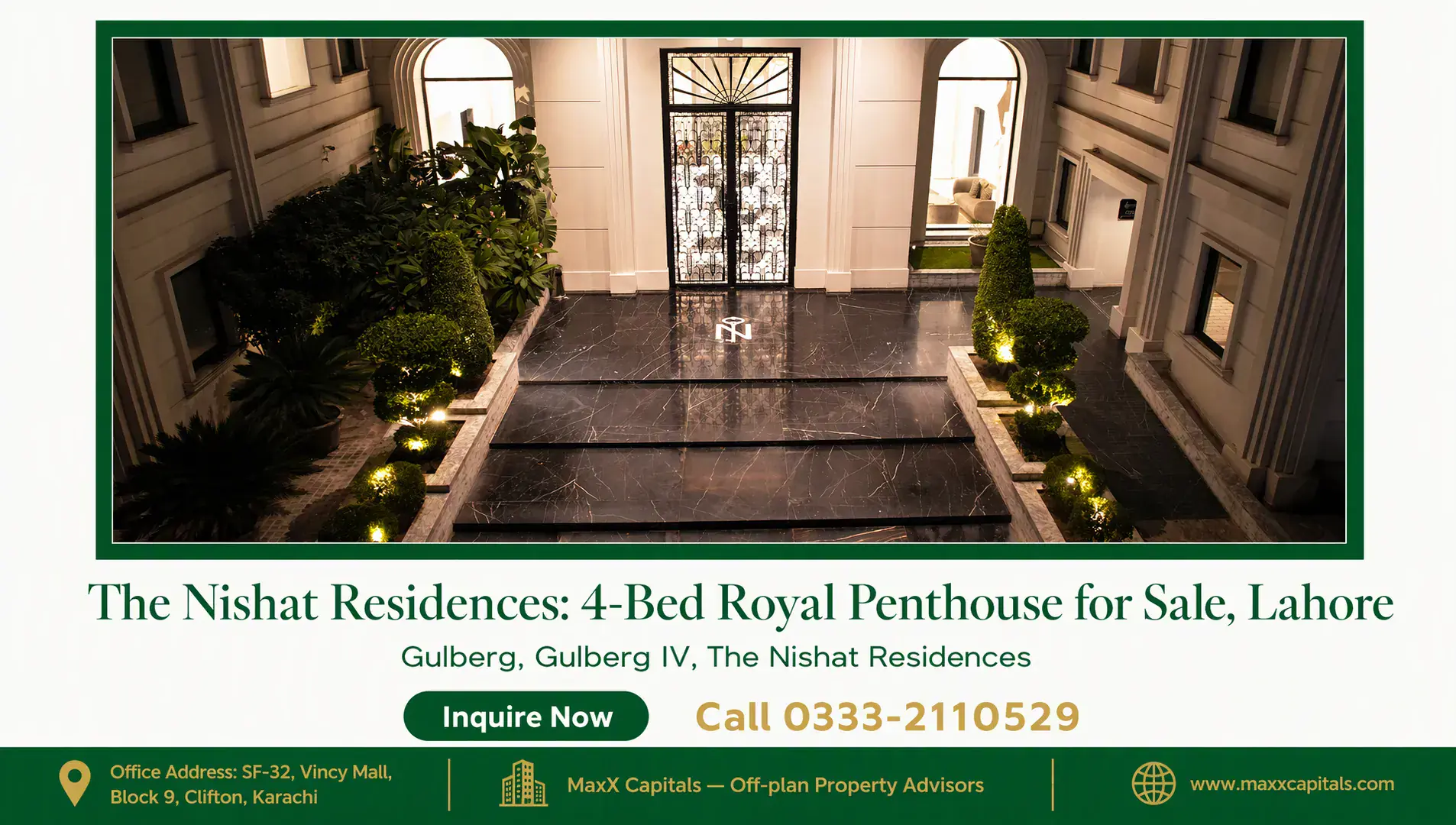 The Nishat Residences: 4-Bed Royal Penthouse for Sale, Lahore — Gallery 7 Grand marble entrance hall at Nishat Residences with central steps, ornate double doors, arched windows and illuminated lands